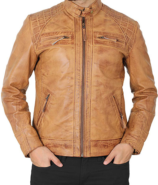 Michael Camel Brown Distressed Leather Jacket