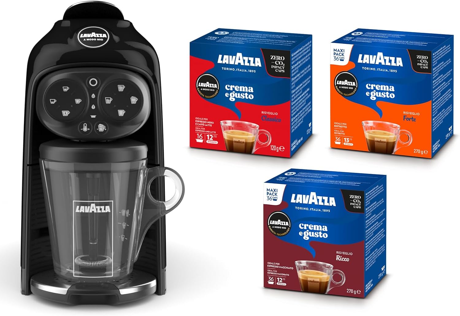 Lavazza, A Modo Mio Deséa White Cream Coffee Machine with 88 Assorted Cream and Flavour Capsules, Espresso Machine 1500 W, 220-240 V, 50/60 Hz, Max Capacity 10 Coffee Capsules and 1.1 Litres of Water