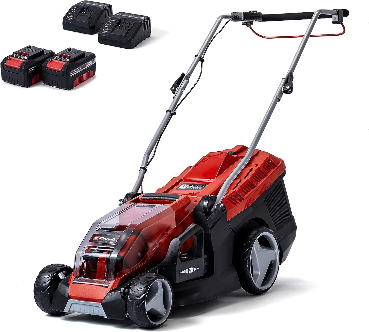 Einhell Akku-Rasenmäher GE-cm 36/36 Li Kit Power X-Change (36 V, 36 cm Schnittbreite, bis 400 m2, Brushless, 40L Fangkorb, 25-75 mm Schnitthöhe, inkl. 2X 4,0 Ah Akku + 2X Ladegerät)