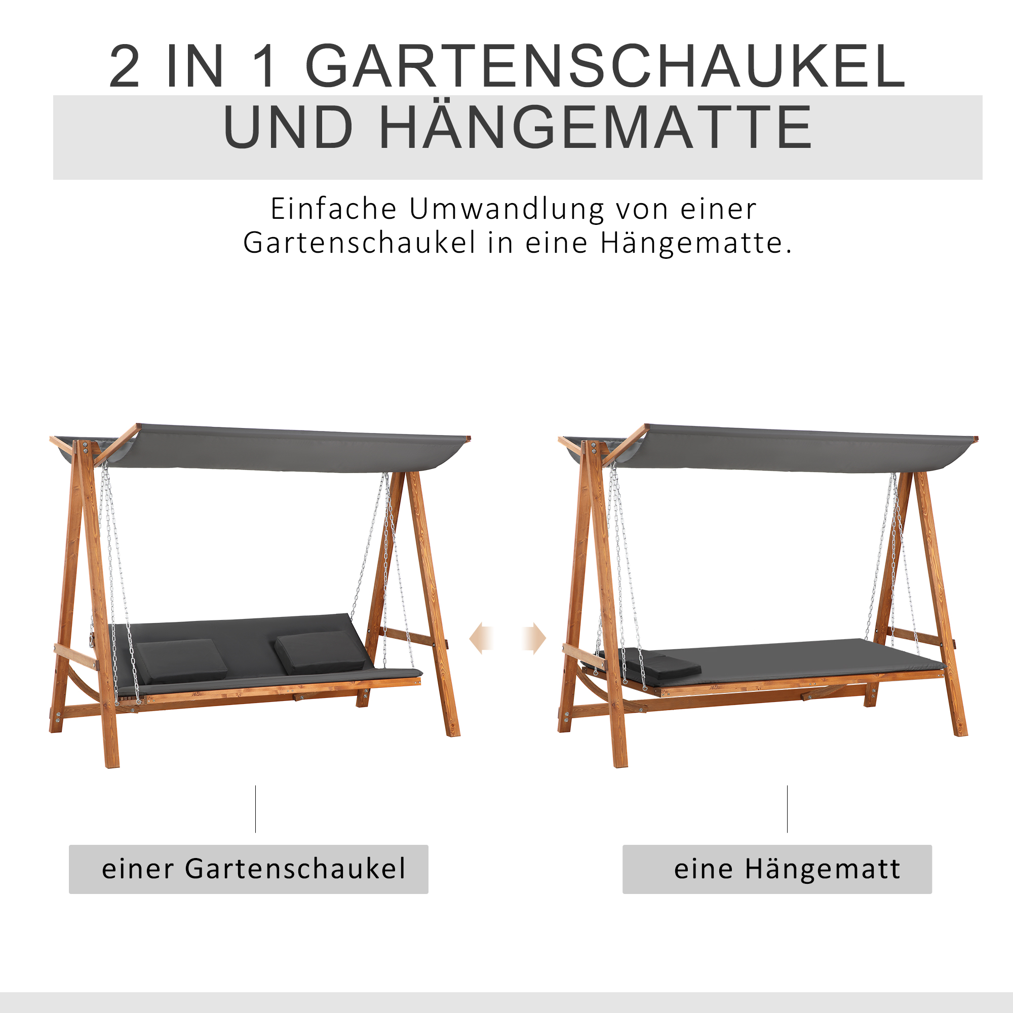Outsunny hangmatschommel met bedfunctie 3-zits tuinschommel met dak ligbed tuinbank Lariks hout polyester grijs + teak 225.5 x 113 x 180 cm