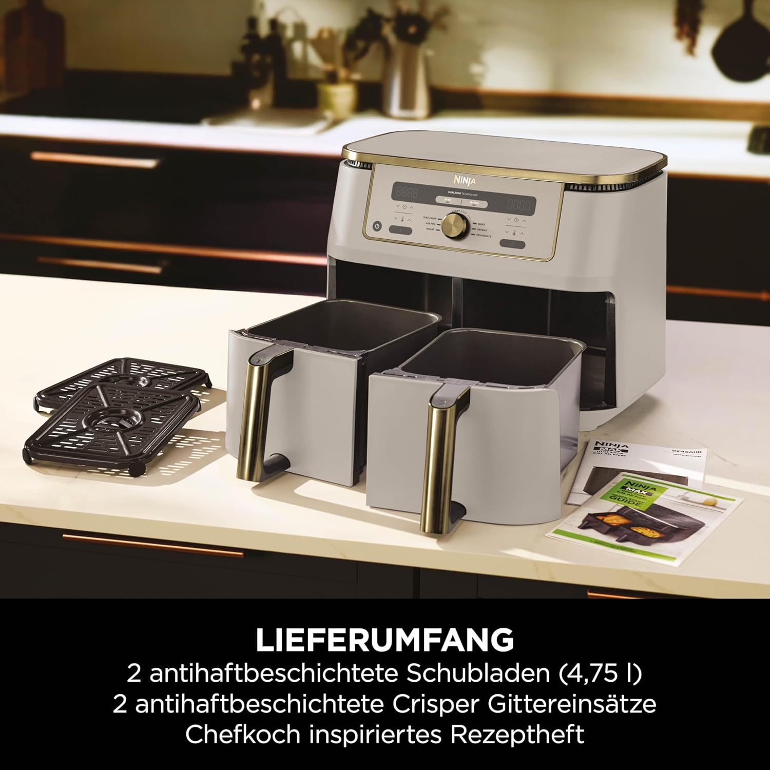 Ninja Dual Zone Digital Air Fryer, 2 Schubladen, 6-in-1, Heißluftfritteuse, 9,5L, Heißluft-Frittieren, Max Crisp, Rösten, Backen, Aufwärmen, Spülmaschinenfeste Körbe, Stone/Gold DZ400EUSTGD