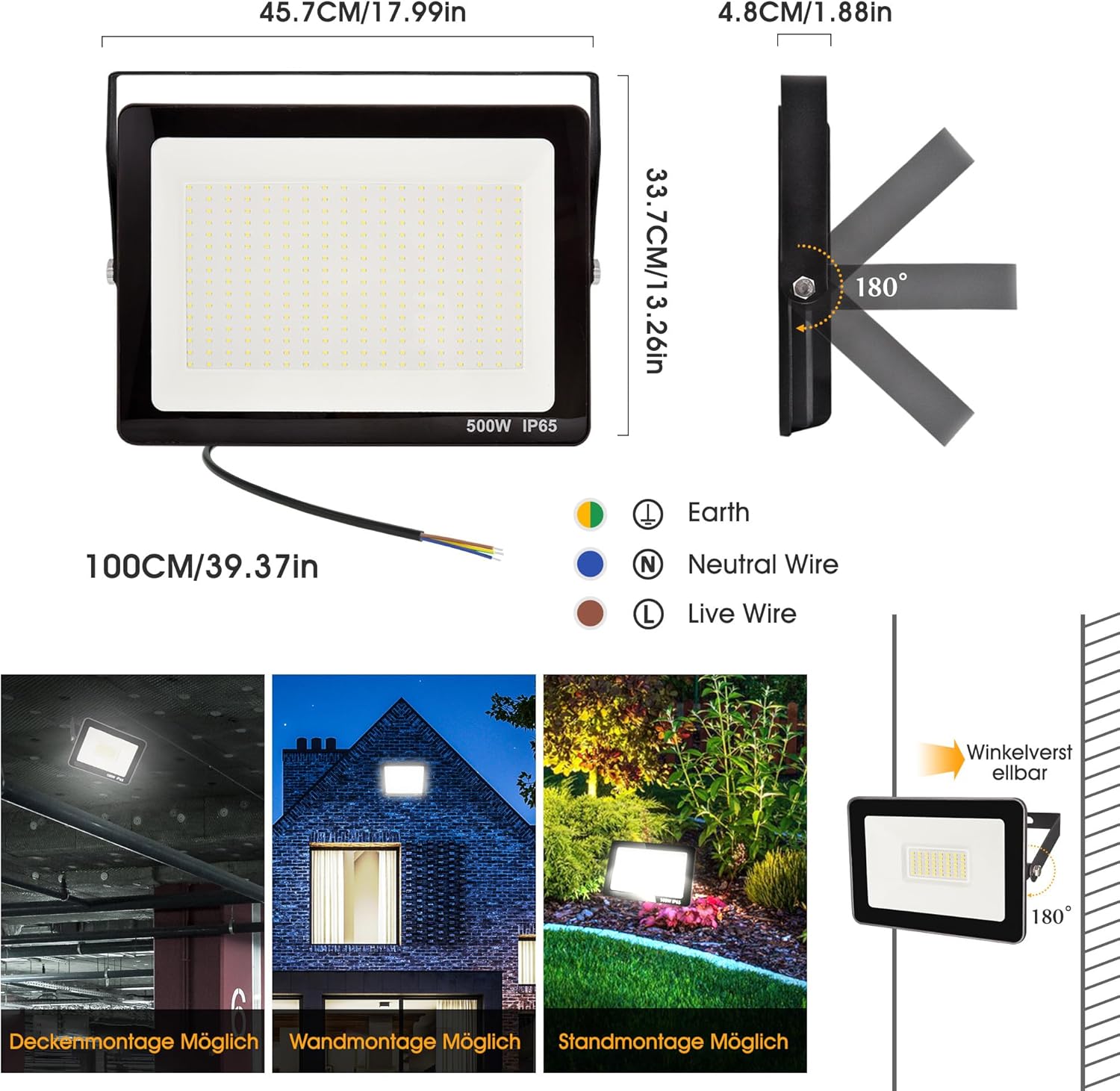 Zelvia 4 Stück 500W LED Strahler Außen 50000LM Superhell LED Strahler 6500K Kaltweiß Scheinwerfer Außen IP65 Wasserfest Fluter Außenstrahler für Sportplatz Garage Garten Hotel