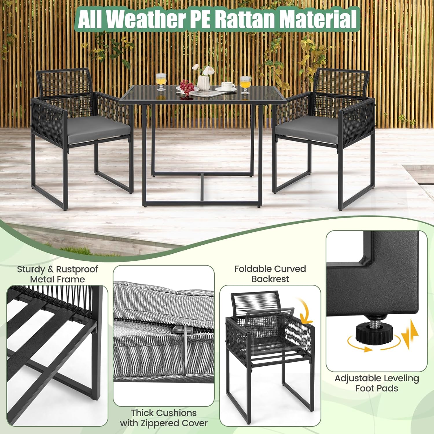 KOMFOTTEU 3 Piece Furniture Set, Table and 2 Chairs Set PE Rattan Dining Set with Folding Chairs, Removable Cushions, Glass Table for Garden, Patio, Terrace