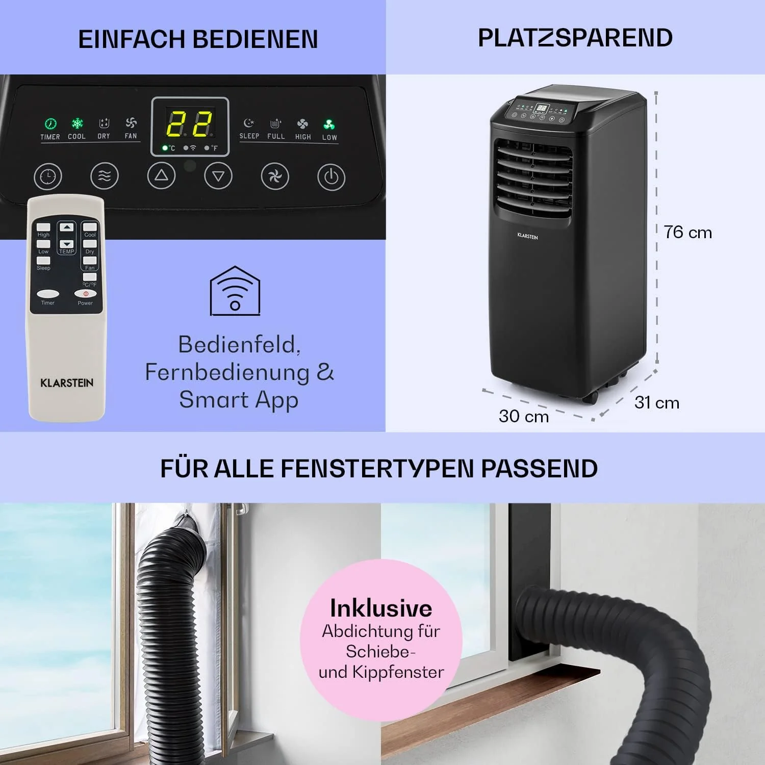 Klarstein Mobiele Airco met Afvoerslang, 3-in-1 Airconditioner met Ventilator & Luchtontvochtiger, Kleine & Draagbare Airco voor Thuis & op Kantoor, met Nachtmodus & App-bediening, 7000 BTU