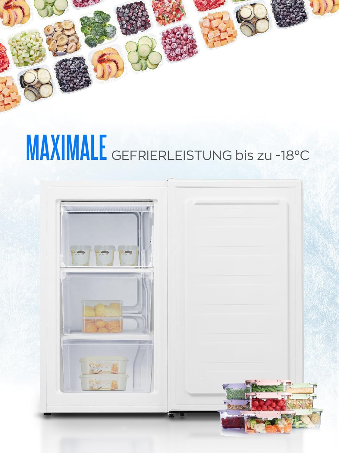 Heinrich´s Gefrierschrank 61Liter -18°C Freezer, 3x Gefrierschublade, 7 Stufen Temperaturregler, Airflow, wechselbarer Türanschlag weiß