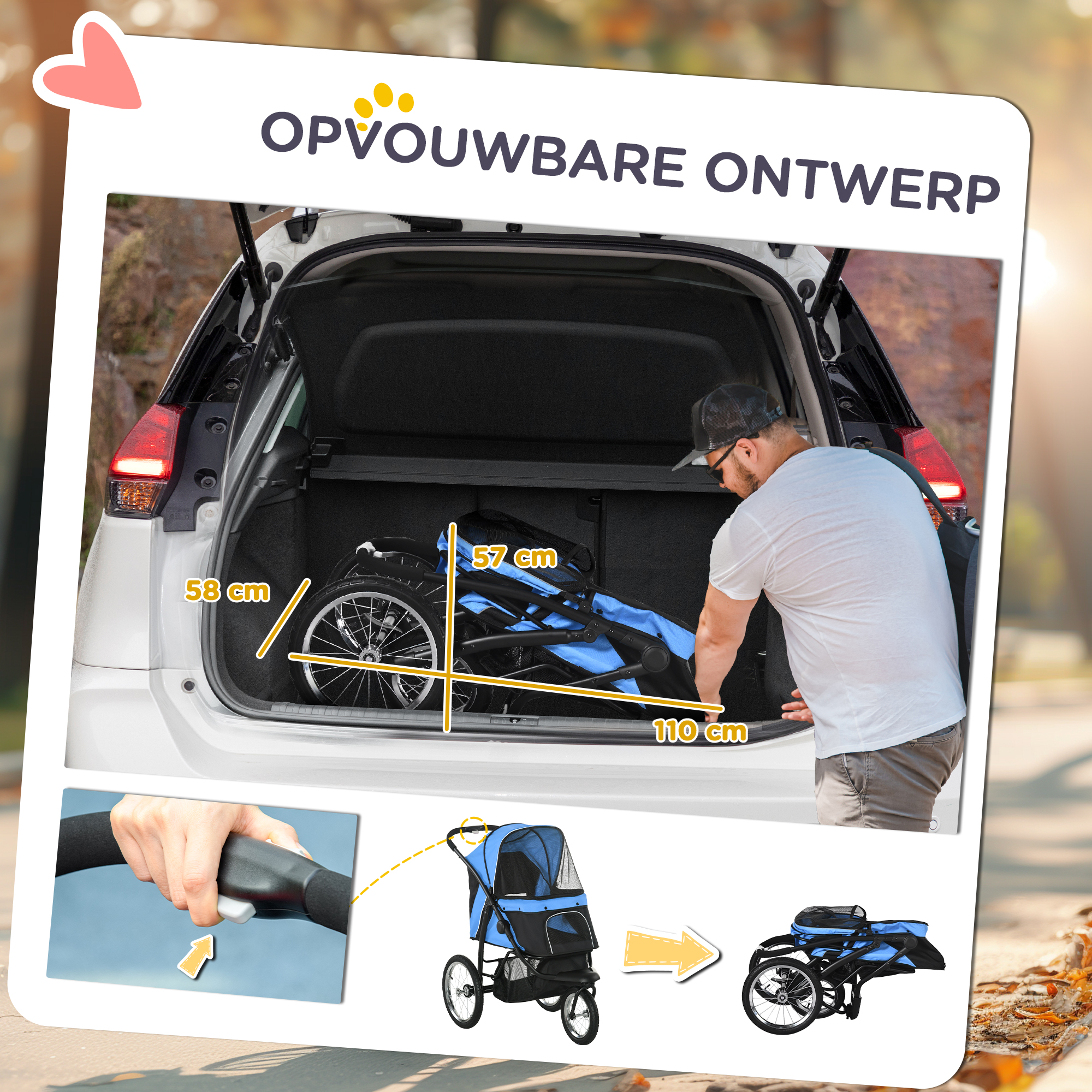 PawHut hondenkinderwagen, opvouwbaar, zonnescherm, gaasvenster, opbergmand, blauw, 111 x 58 x 107 cm