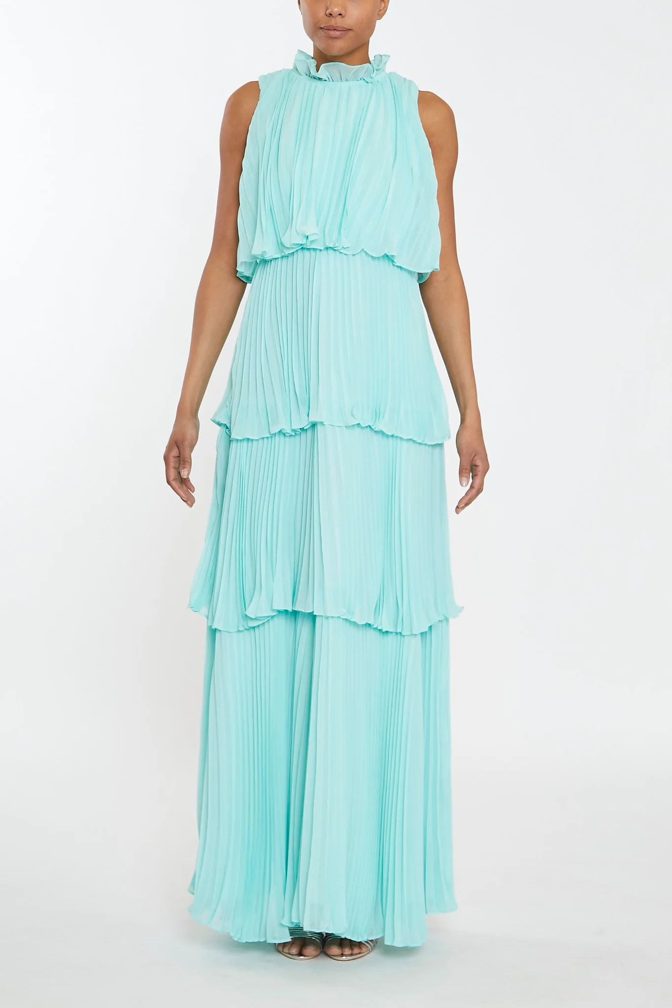 Tara Aqua Tiered Pleated Maxi Dress with High Ruffle Neck