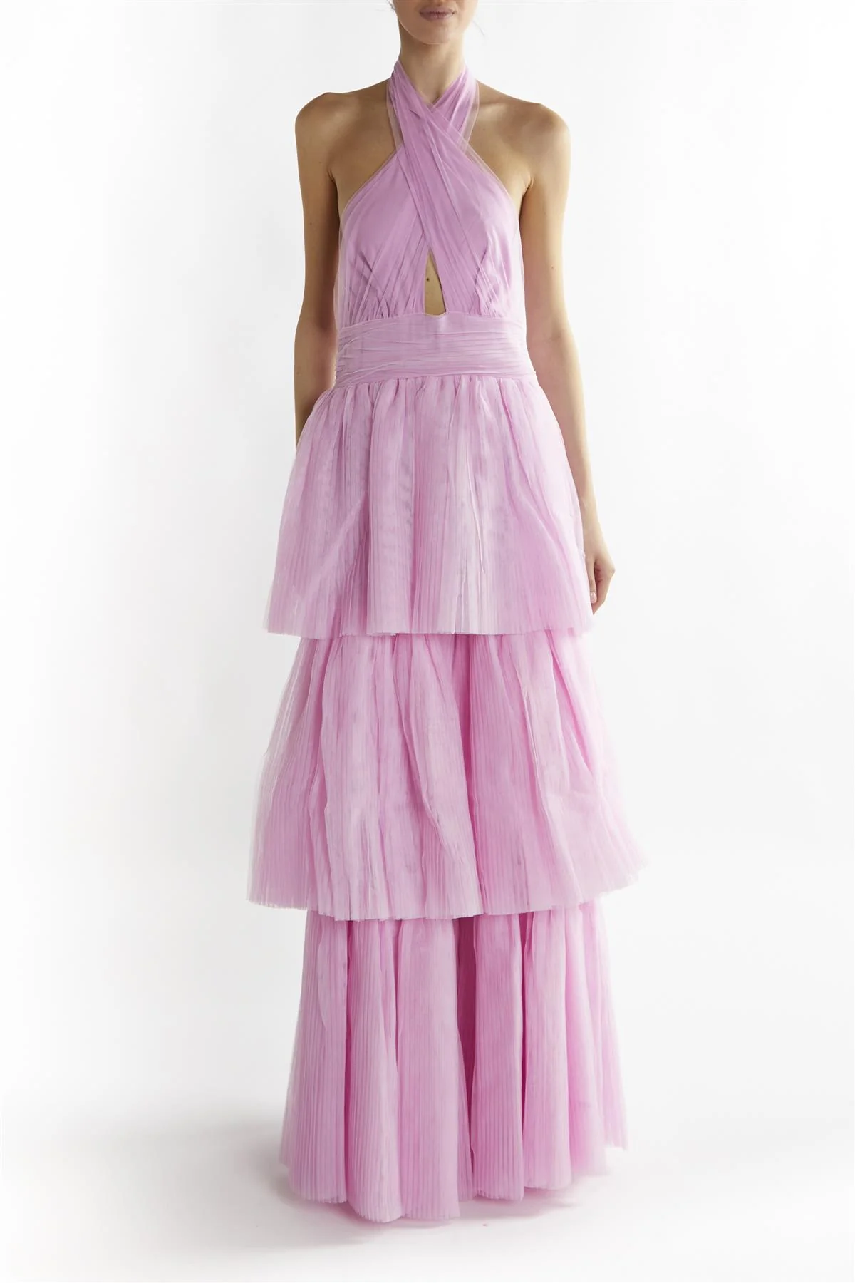 Luciana Candy Pink Halter Neck Tiered Maxi Dress