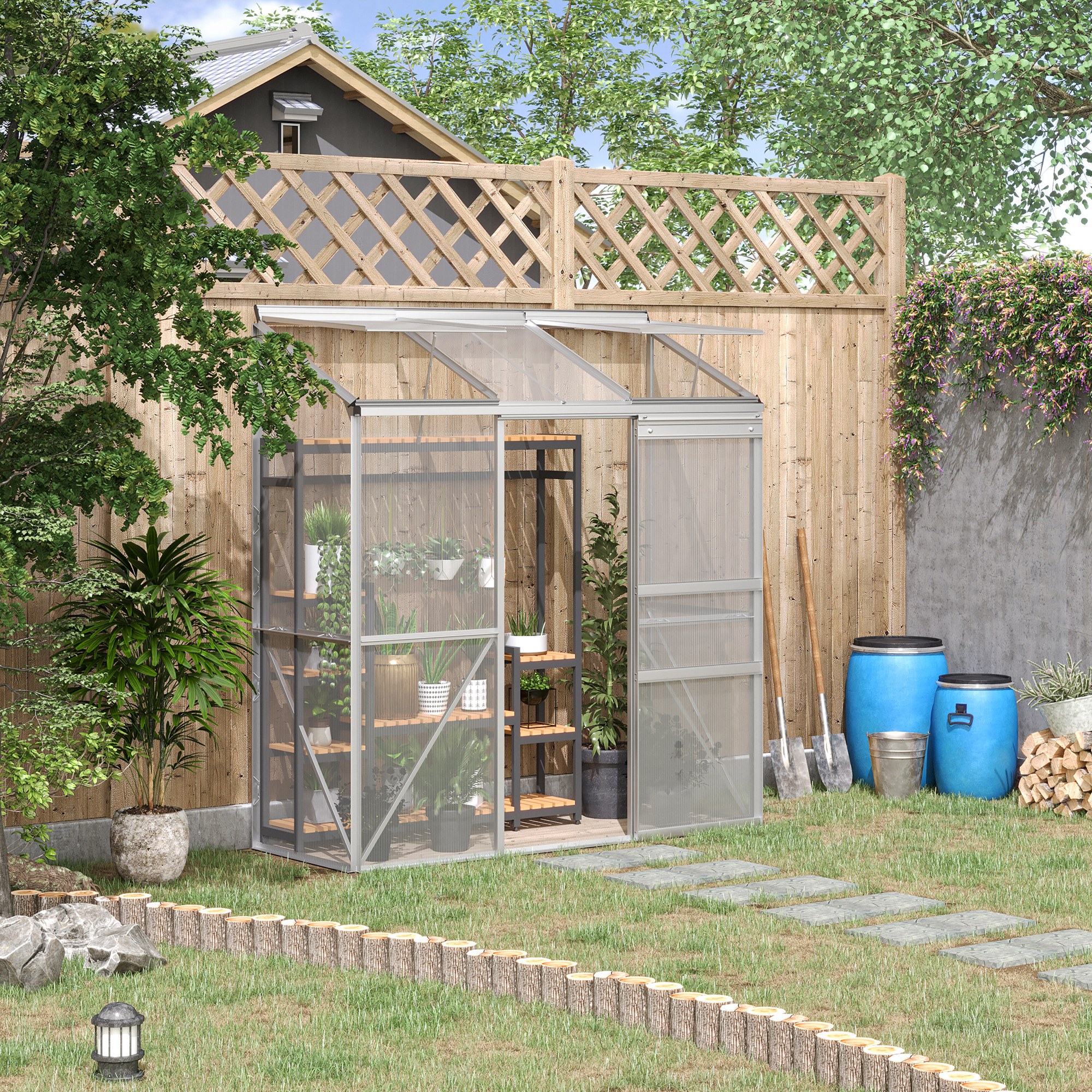 Outsunny Anlehngewächshaus, Schiebetür, Dachfenster, Polycarbonat+Aluminium, Farbe: Silber, 192 x 68 x 196 cm