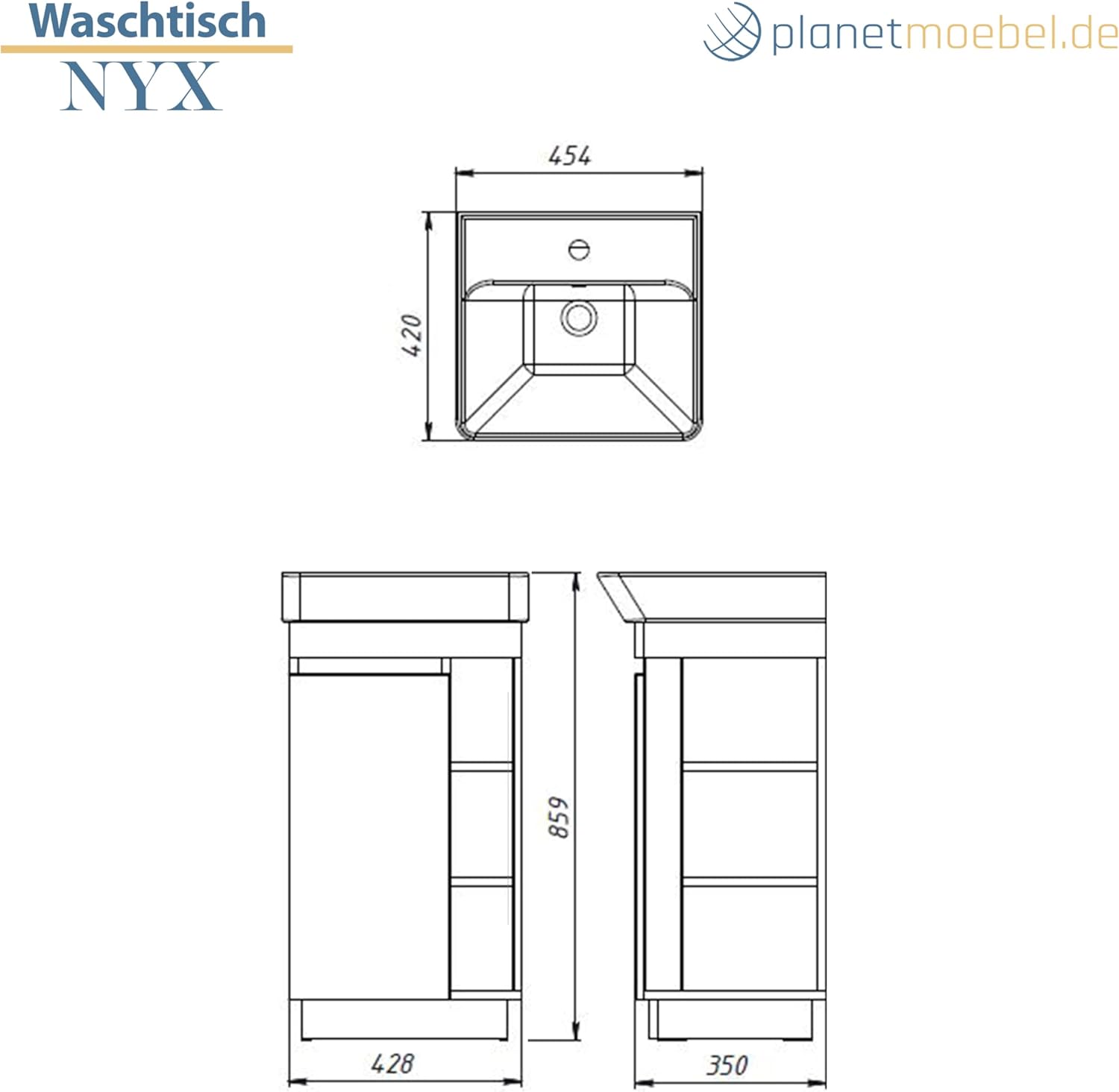 Planetmöbel Nyx Badmöbel Waschtisch mit Unterschrank 45 x 85,9 x 42 cm Wotan Eiche/Anthrazit, Badezimmermöbel für Gäste-Bad, WC