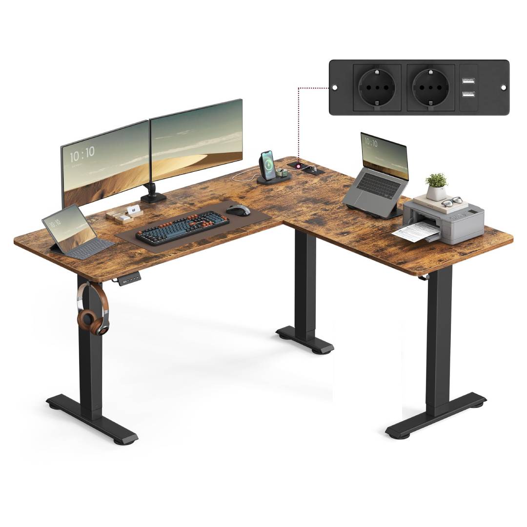 Elektrisch höhenverstellbarer L-förmiger Eckschreibtisch mit Memory-Funktion, 72-120 cm, 80 kg, Ladestation und Haken