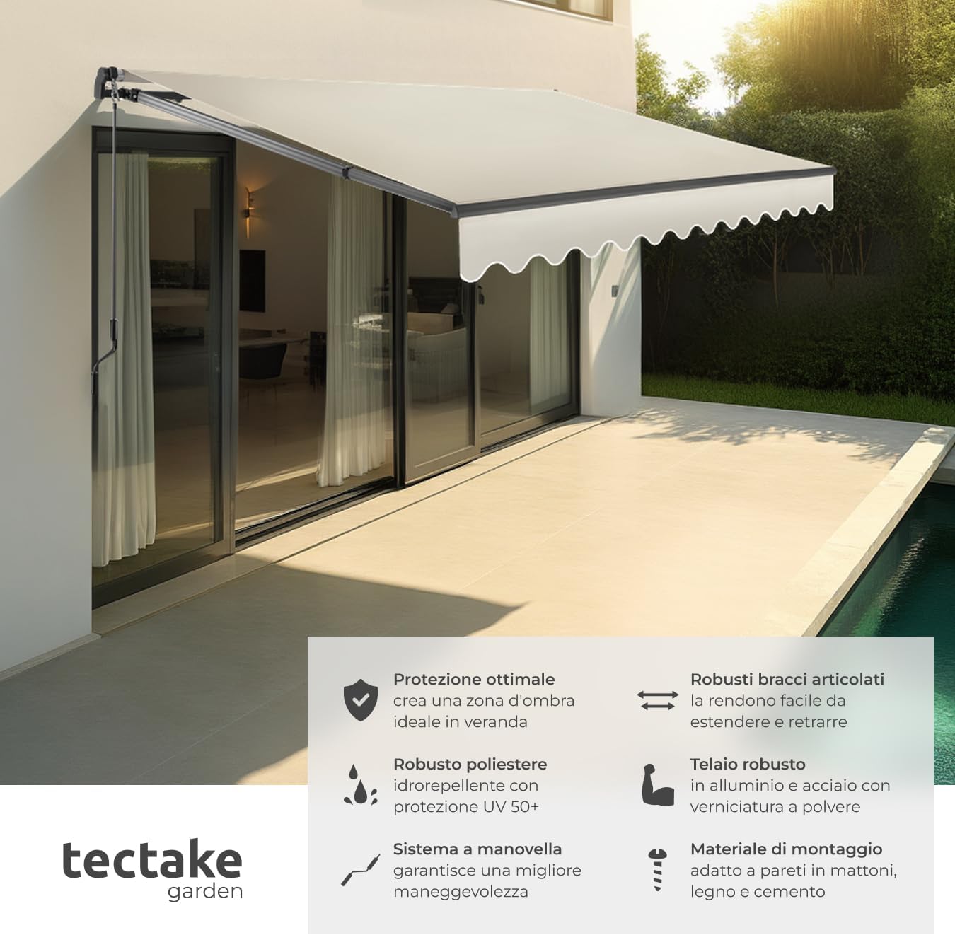 tectake®, Outdoor Awning with Extendable Arms, Roller Blind, Crank, Waterproof, UV Protection, Polyester Fabric, Aluminium Frame, Porch, Balcony, Terrace - 300 x 250 cm Beige