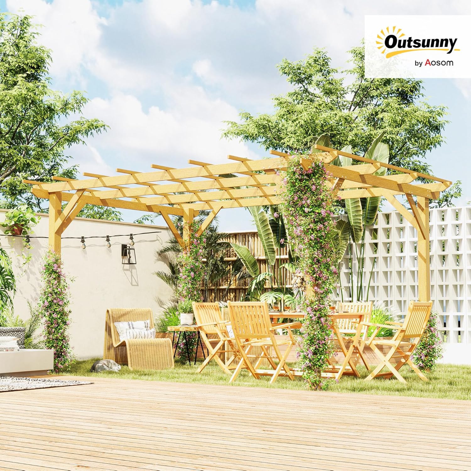Outsunny Pergola Garten im Freien 3 x 4 m versenkbare Schiebepergola, Holzpergola, Gartenlaube für Kletterreben, Blumen, Rosen, Pergola für Terrasse, Patio, Naturholz