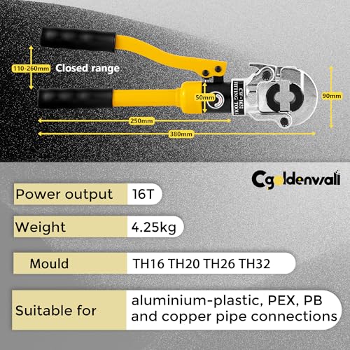 CGOLDENWALL Crimpatrice Idraulica Tubi Multistrato, con Stampi TH16 20 26 32 mm², Uscita 16T, con Testa di Crimpaggio Girevole a 360°, per Tubi in Rame/Alluminio Plastica/Pex/PB : Amazon.it: Fai da te