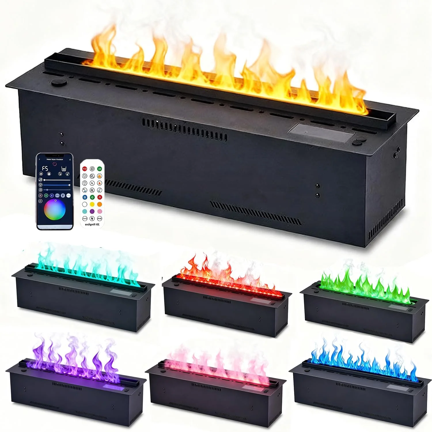 flatpincololee Elektrokamin, 500 mm, Schwarz, Wasserdampfkamin smart 3D mit realistischer Flamme, 9 Farben einstellbar