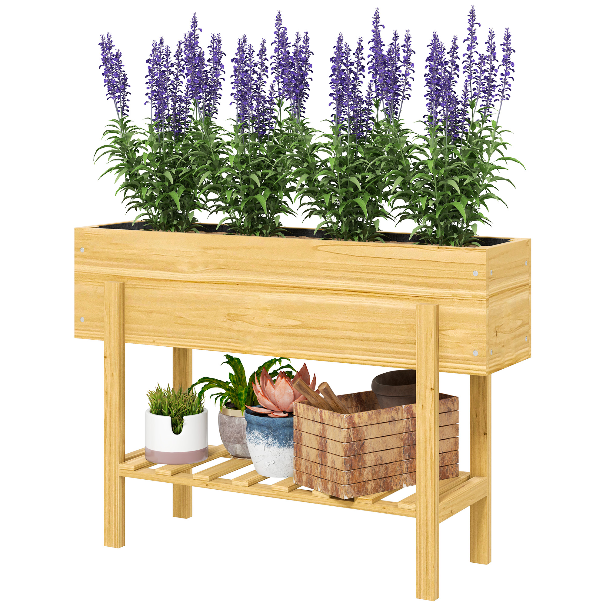 Outsunny Blumenkasten mit unterem Regal, Holzbeet mit Vlies-Auskleidung und Entwässerungslöchern, 100 x 30 x 70,5 cm, Naturholz