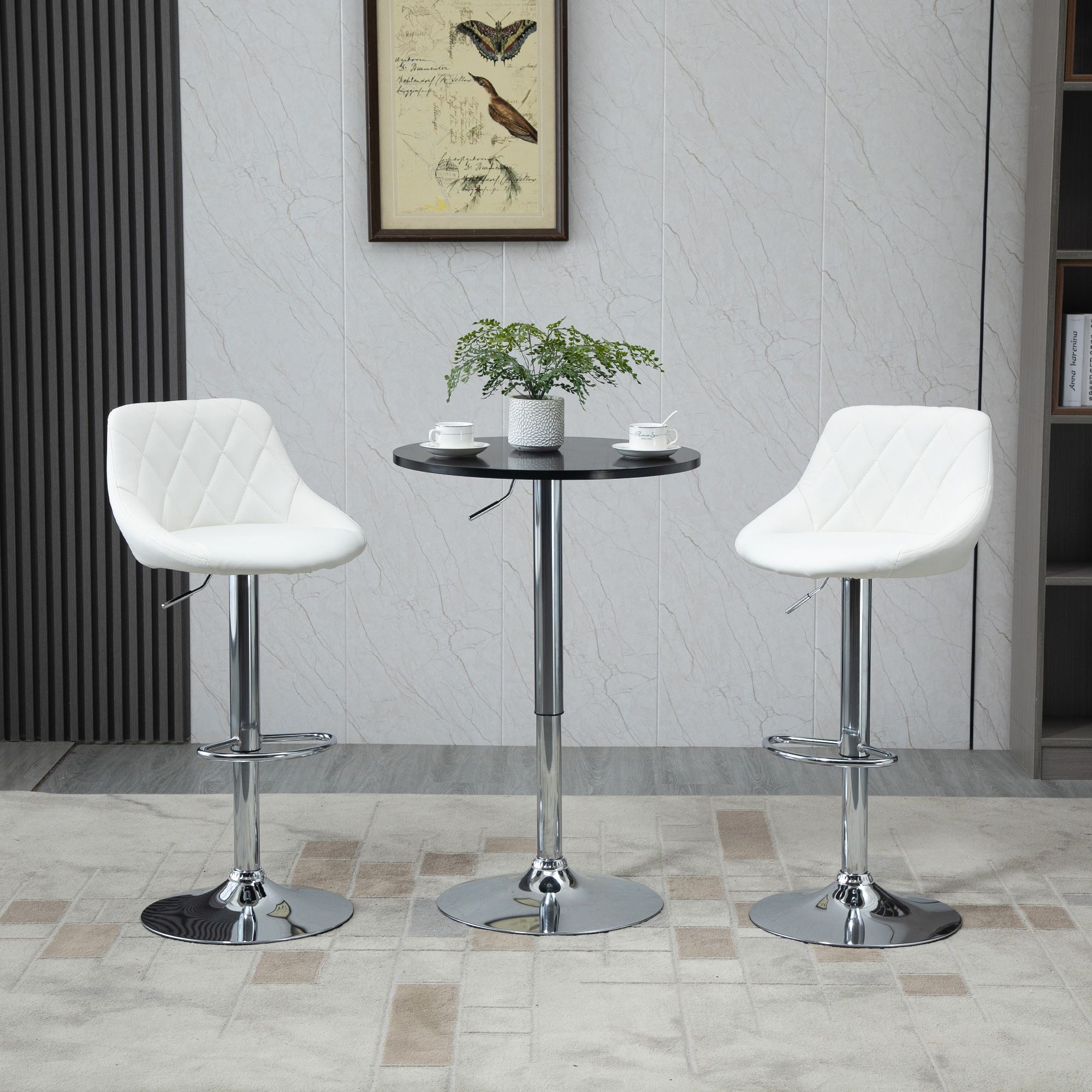 HOMCOM Set 2 Barhocker, Höhenverstellbar mit Metallfuß und PU-Ledersitz, Moderne Hocker mit Rückenlehne und Fußstütze, 46x48x83-104 cm, Weiß