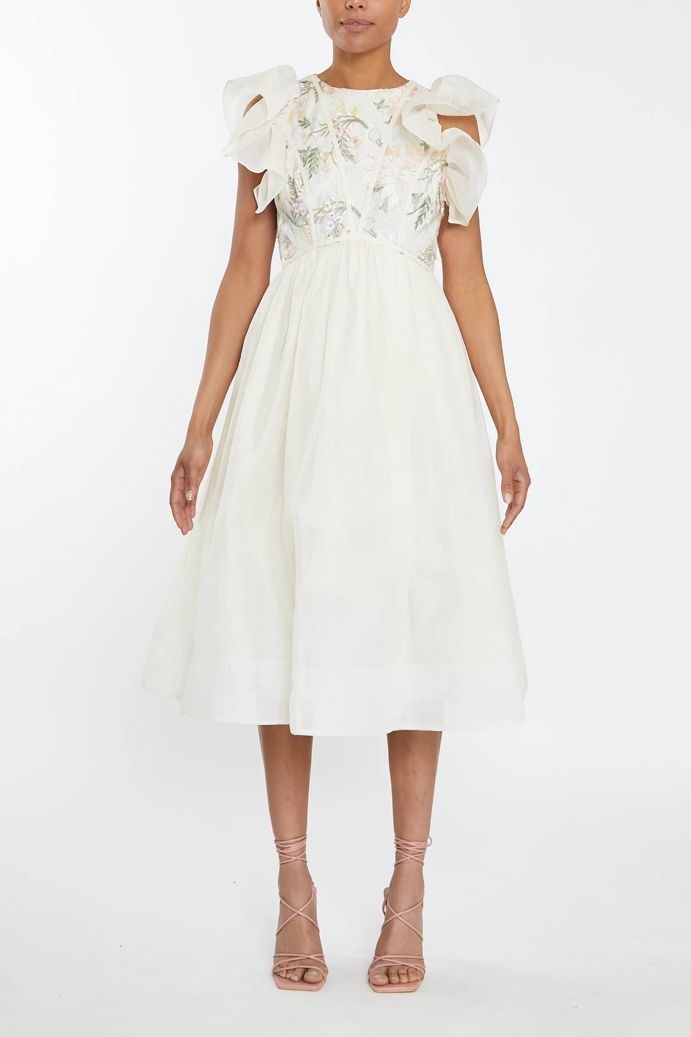 Millie Pastel Flower Lace Binding detail Ruffle Sleeves Midi Dress