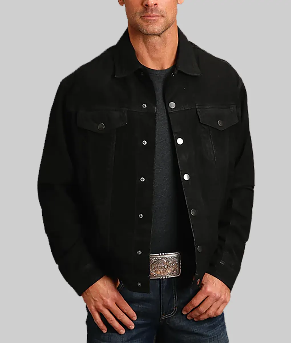 Trent Distressed Black Leather Trucker Jacket