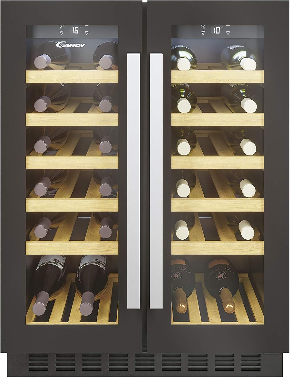 Candy DiVino Cantinetta Vino da Incasso, 20 Bottiglie, 1 Zona, con Vetro Anti-UV e Filtro ai Carboni Attivi, 6 Ripiani in Legno, Luce LED Interna, Classe F, 29,5 x 57,5 x 81,3 cm, Nera - CCVB 30/1