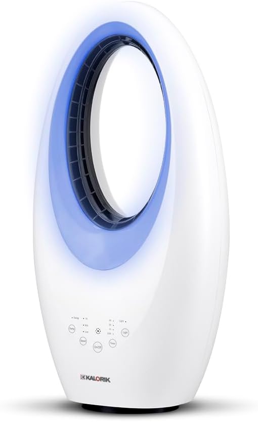 KALORIK VT2000 Leiser Blattloser Standventilator – 40W Schaufelloser Bodenventilator mit 4-farbiger LED-Hintergrundbeleuchtung, 7.5h Timer, Oszillation, 3 Geschwindigkeitsstufen, Weiß