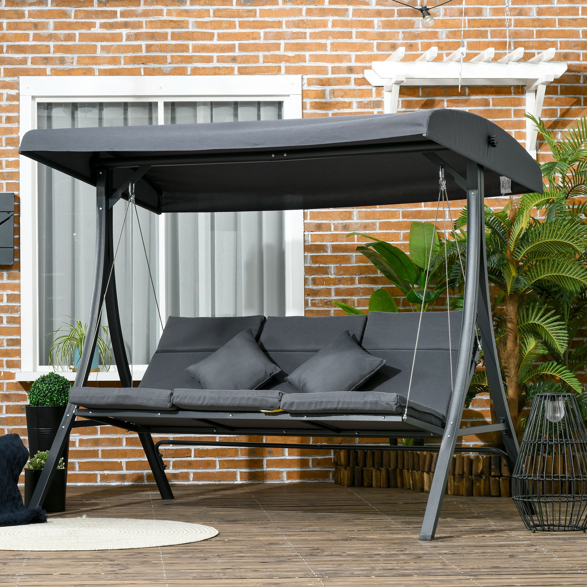 Outsunny Garten Hollywoodschaukel 3-Sitzer mit verstellbarem Dach, inkl. Matratze aus Stahl und Polyester dunkelgrau