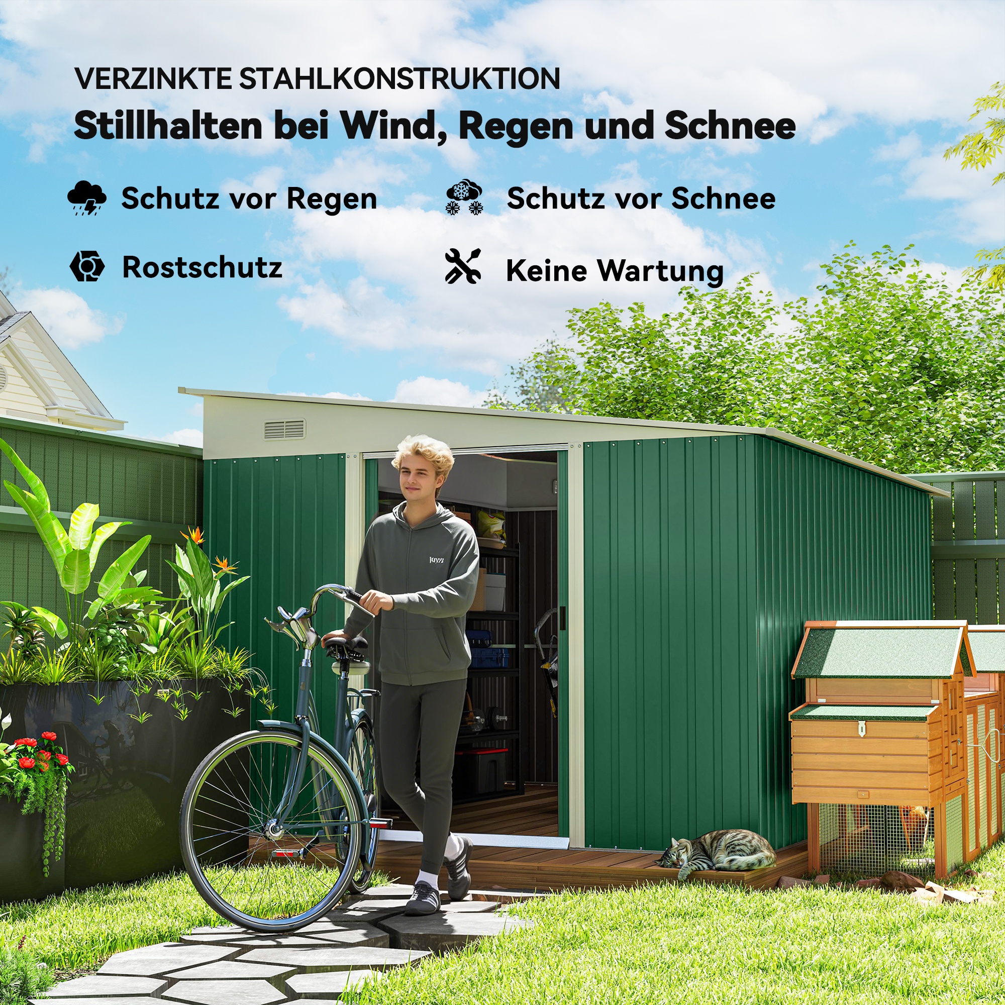 Metalen Tuinschuur Schuin Dak Afsluitbare Dubbele Deur 2,8 x 3,45 x 2,01m Groen