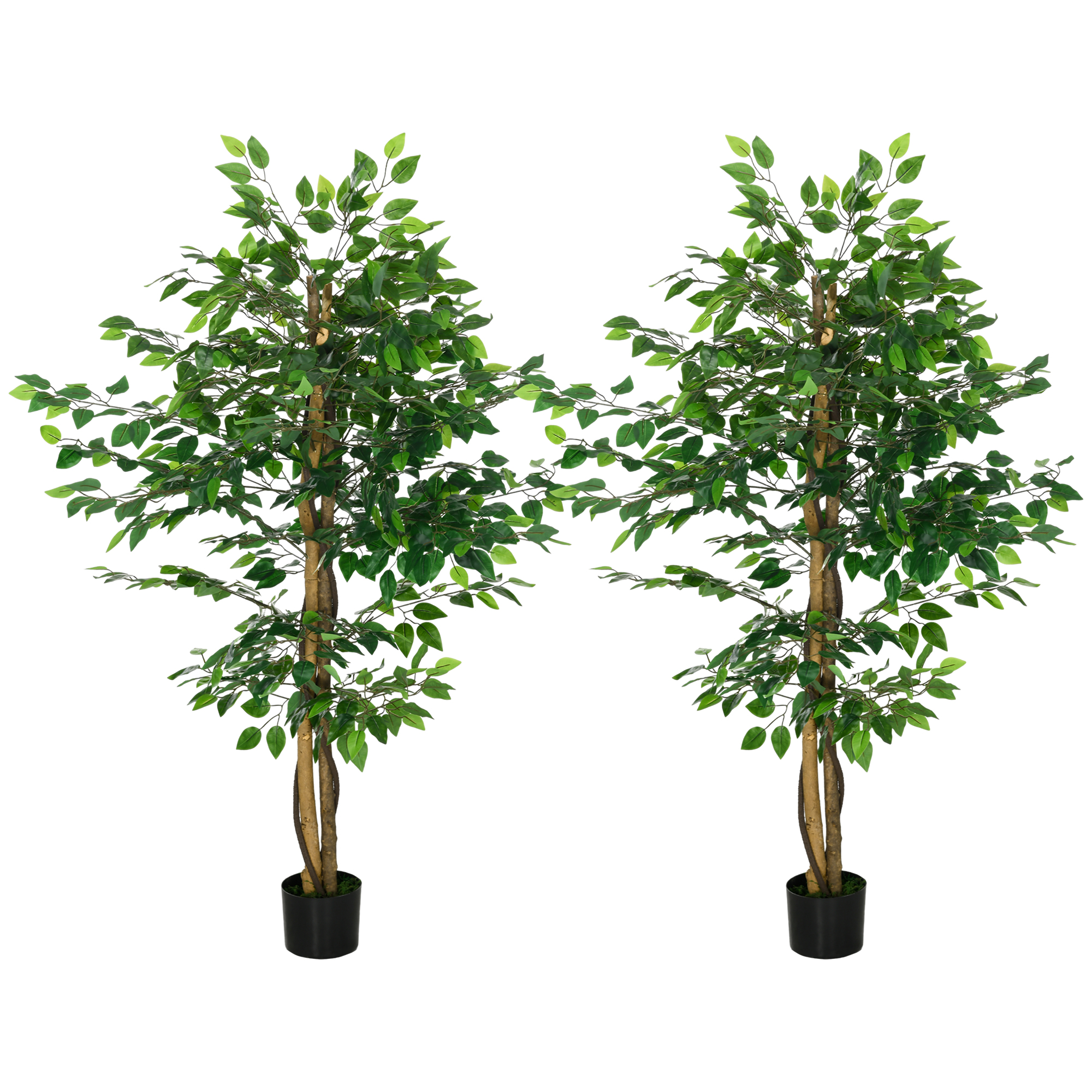 HOMCOM Set von 2 künstlichen Ficus-Pflanzen Höhe 1,50 m Stamm Zweige Ranken Moosimitatblätter sehr realistisch Topf inklusive grün