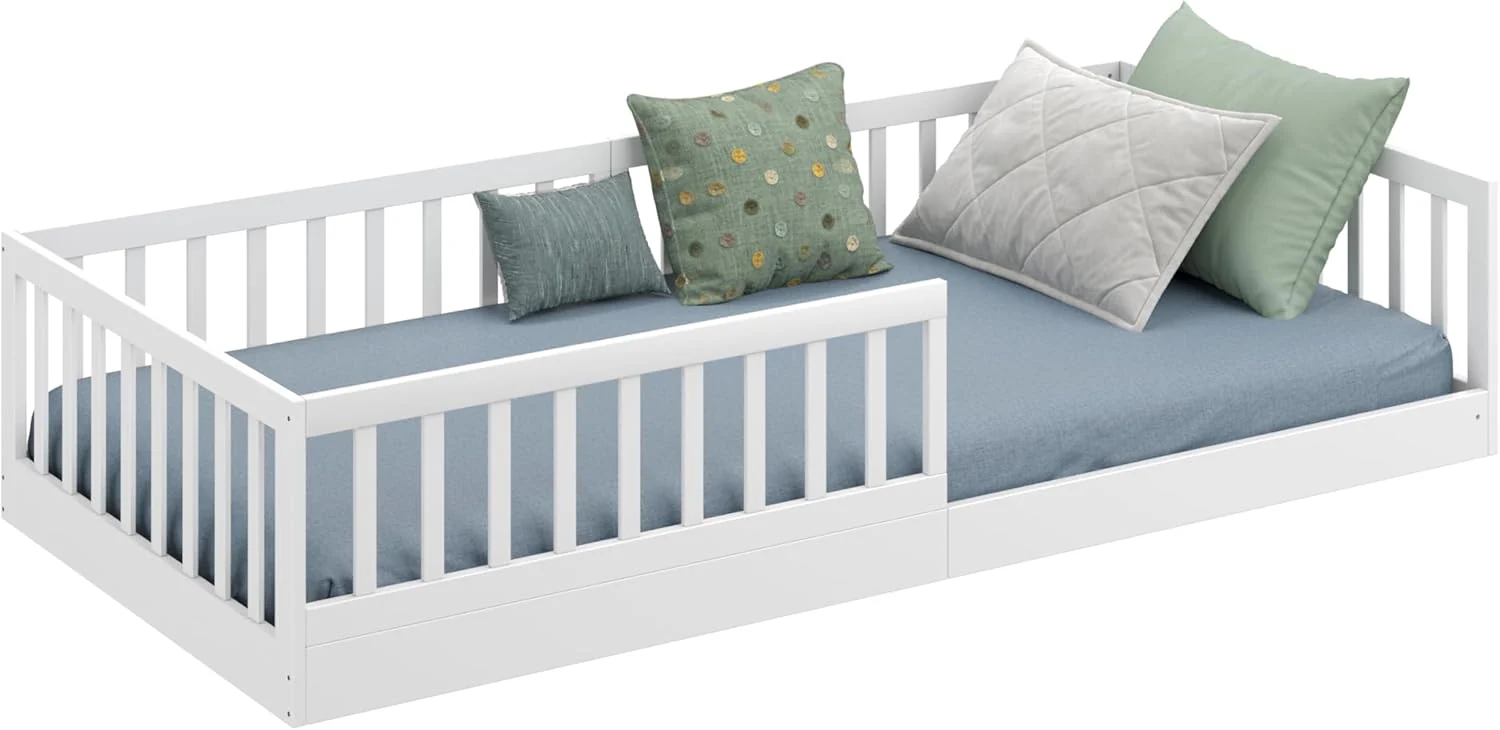 CADANI Timi 2-in-1 Vloerbed 140x200 cm Montessori Kinderbed met uitneembare valbeveiliging incl. lattenbodem, massief grenenhout, wit - 3 opbouwmogelijkheden, belastbaar tot 200 kg, ombouwbaar