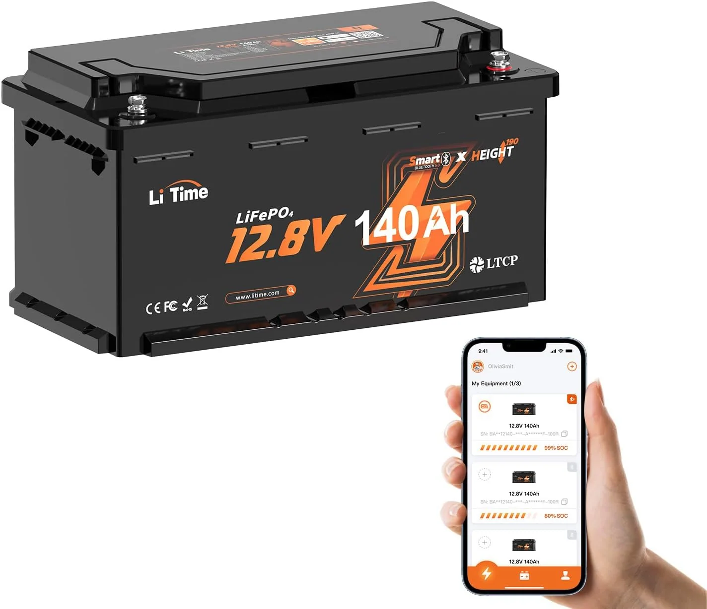 LiTime LiFePO4 12V 140AH H190 Bluetooth Lithium Batterie, Upgrade 150A BMS Batterien für Wohnmobil DIN H8 L5 Größe, 1792Wh Energie Lithium Akku