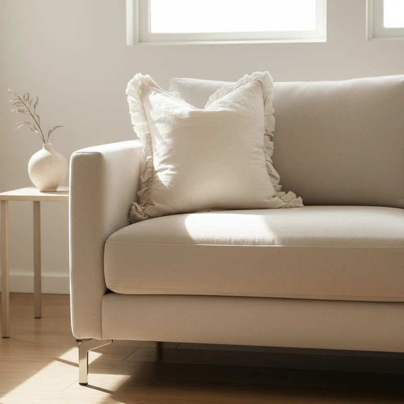 Cream Stonewashed Linen Cushion �C Ruffled Edge, 53cm