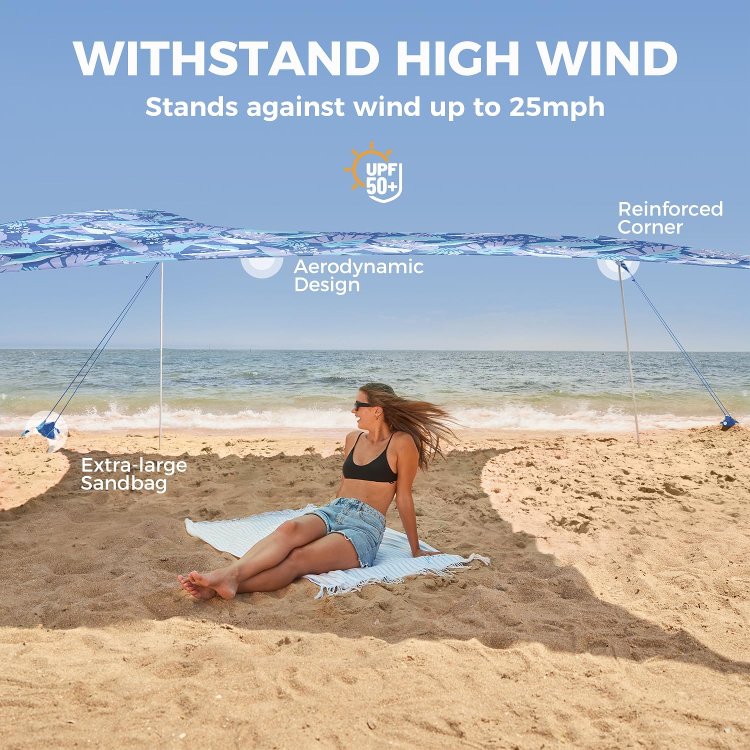 WEKAPO Strandzelt, Sonnenschutz, einfach aufzubauen, Strandüberdachung mit 4 stabilen Stangen, großen Sandsäcken und Schaufel, 2,3 m hoch, winddichter Sonnenschutz für Garten und Camping, UPF 50+