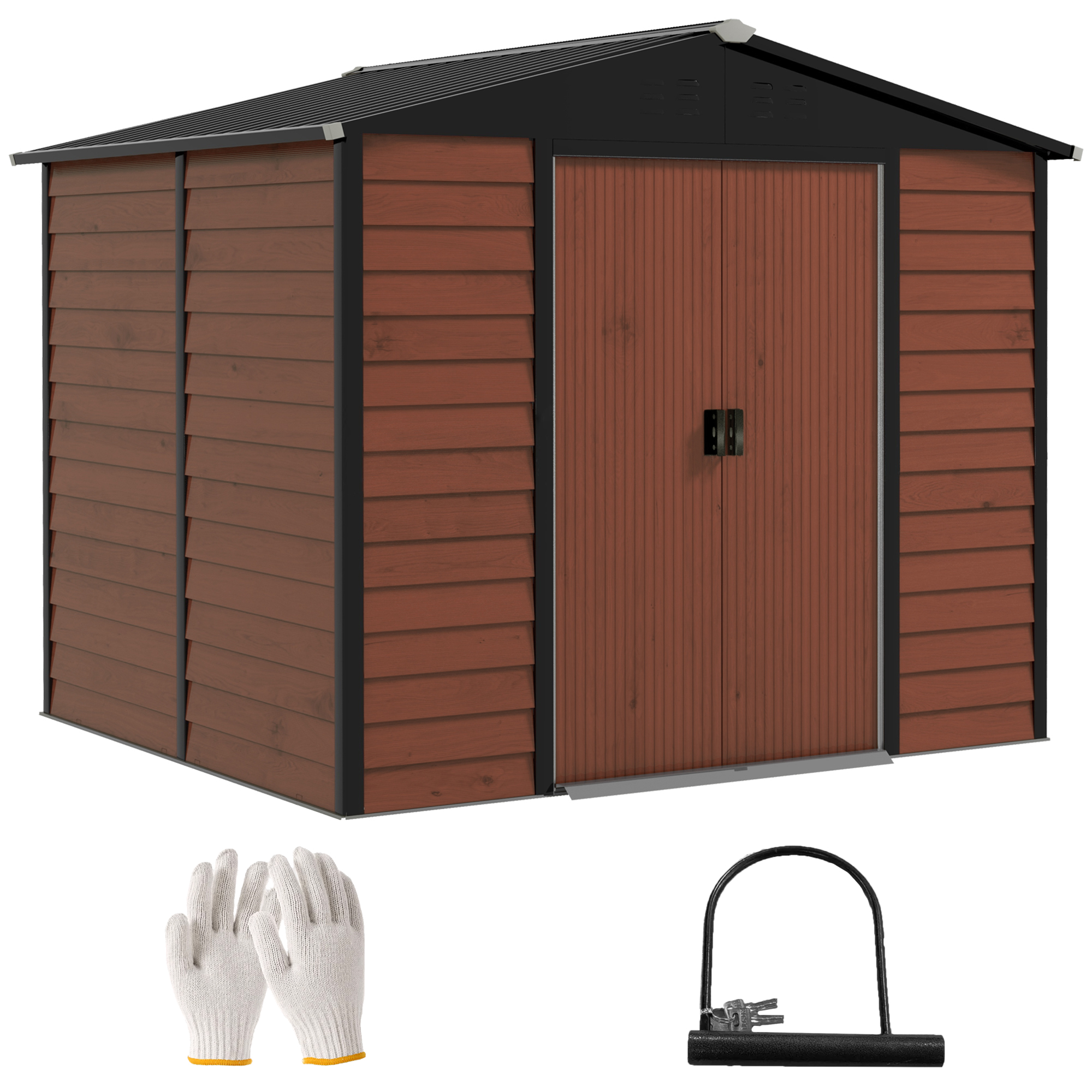 Outsunny Metalen Tuinschuur, Weerbestendig & Roestvrij, Afsluitbaar, 2,40 x 2,06 x 1,98 m, Teak