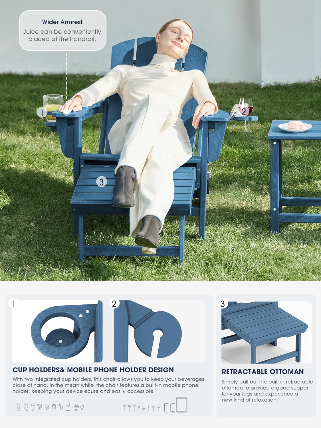 KINGYES Folding Adjustable Adirondack Chair with Retractable Ottoman  HDPE Recliner Adirondack Chair with Cup Holder  Blue