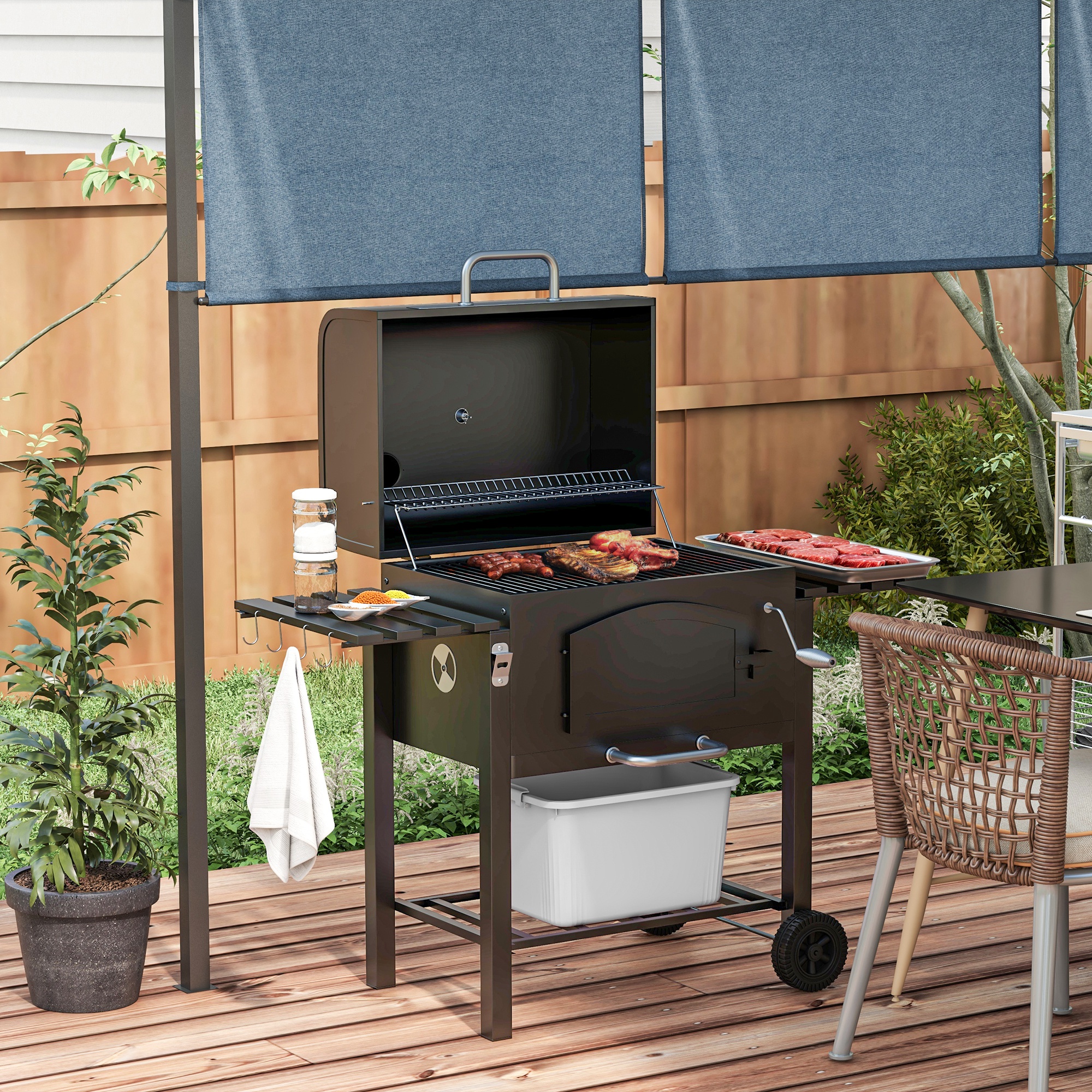 Outsunny Houtskoolgrill BBQ-Grill Smoker, verstelbare koolstoffen, zijtafels, 124 x 66 x 112 cm, Zwart
