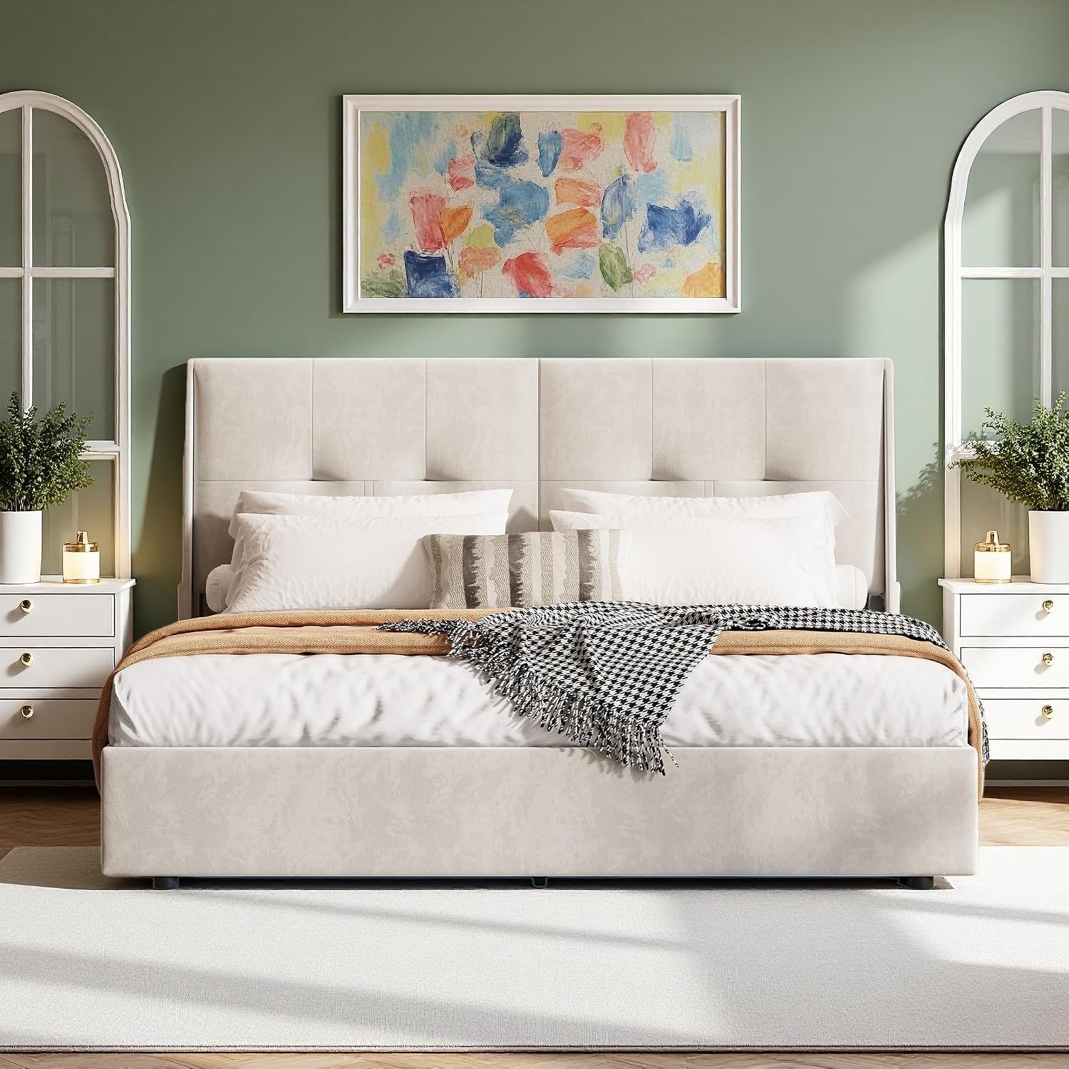 KRYZOR Bett, 140x200 cm, Beige, Polster Doppel mit LED und USB, Hydraulisch Stauraum, Boxspring mit Stauraum, Jugend mit kasten
