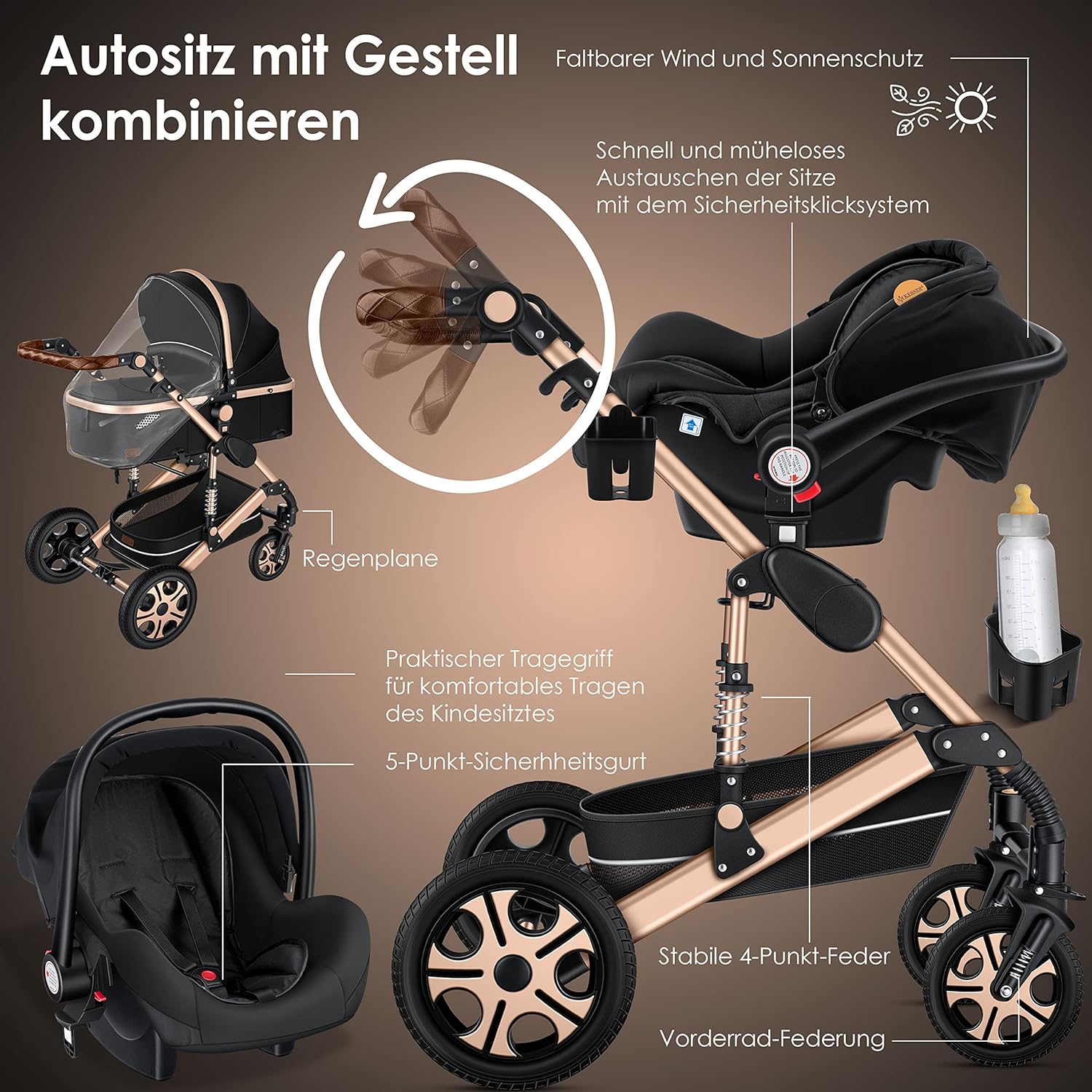 KESSER® Loops 3 in 1 Kinderwagen Kombikinderwagen Komplett-Set inkl. Babywanne & Buggy Sportsitz & Auto-Babyschale Voll-Gummireifen Wickeltasche Regenschutz Kindertisch ECE R129, Schwarz/Schwarz