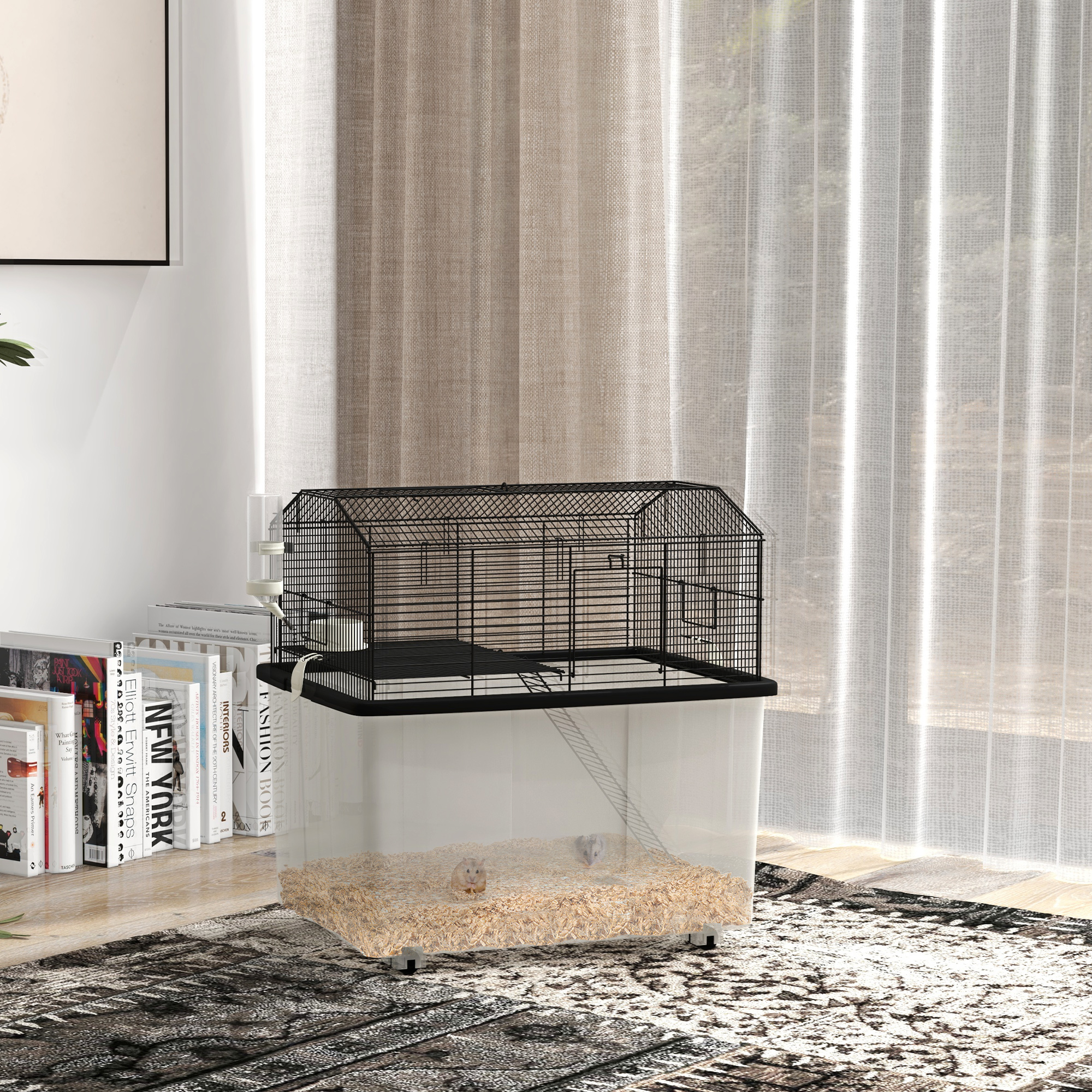 PawHut Hamsterkäfig Nagerkäfig 2 Etagen mit Rollen Plattform und Rampe aus Stahldraht 57 x 43 x 57 cm Schwarz