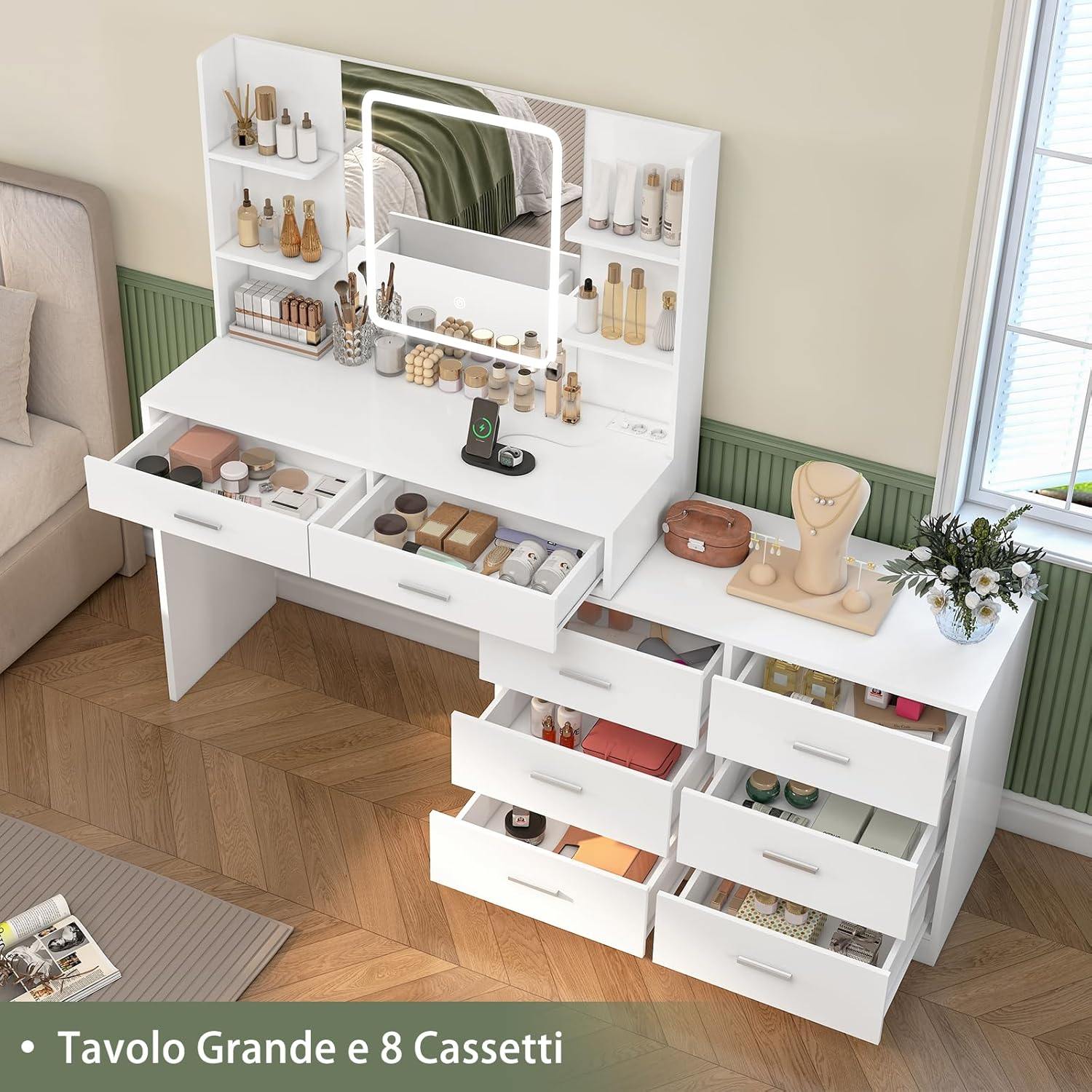 TEENFON Make-up Vanity with LED Mirror and Socket, 3 Adjustable Colour Modes and Brightness, Makeup Vanity with 8 Drawers and 6 Shelves, White