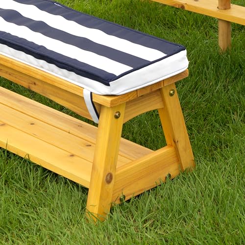 KidKraft Set tavolo e panchine in legno per bambini con cuscini e ombrellone, mobili per giardino e per esterno, Strisce blu navy e bianche, 00106 : Giardino e giardinaggio