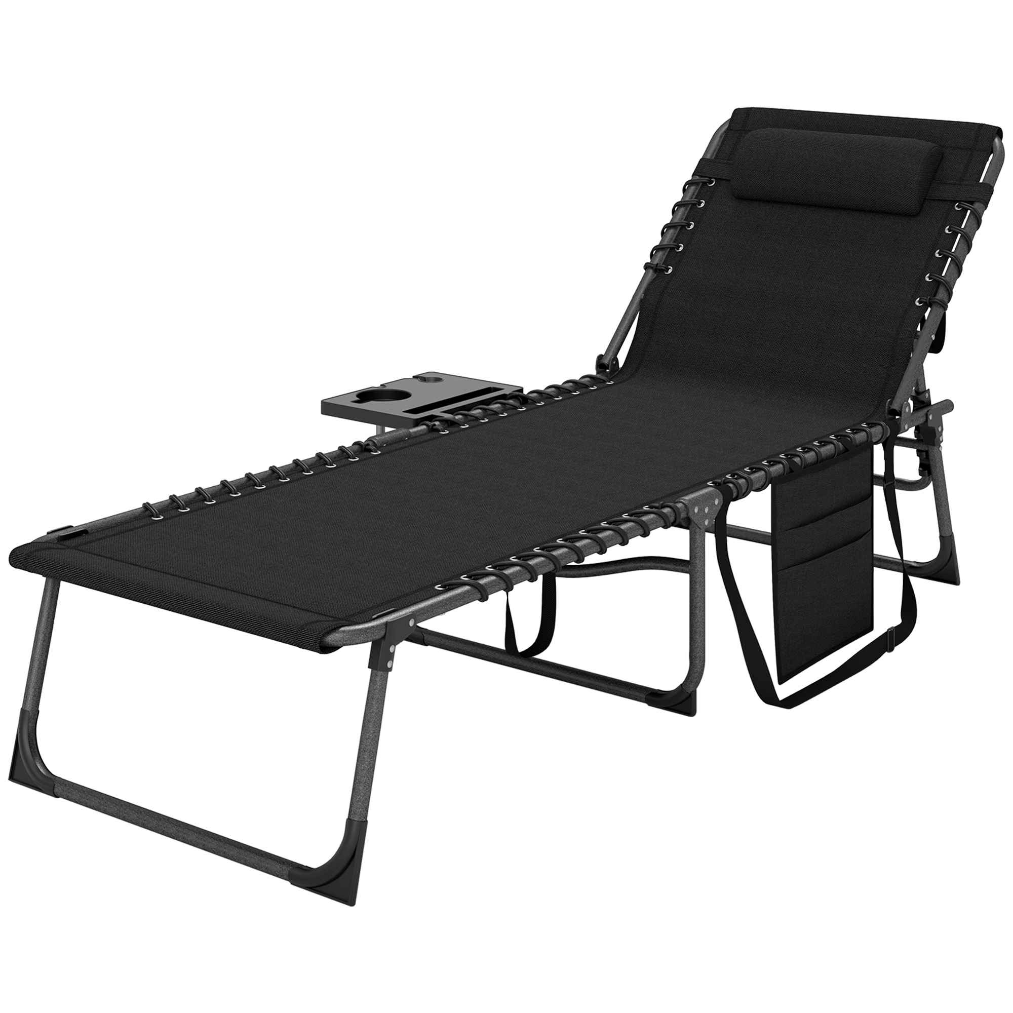 Outsunny Sonnenliege klappbar verstellbare Rückenlehne auf 5 Stufen, Tablett, Kopfkissen, Seitentasche 60 x 190 x 31 cm, Schwarz