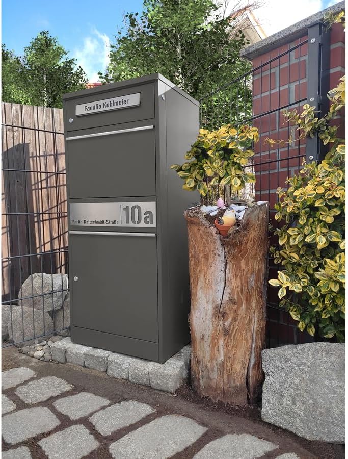 Metzler Briefkasten und Paketbox rostfrei und massiv, paketbox draussen groß XXL, Standbriefkasten modern, Paketkasten, Postbox in DB 703 Eisenglimmer mit Namensgravur, Modell Bispo 2