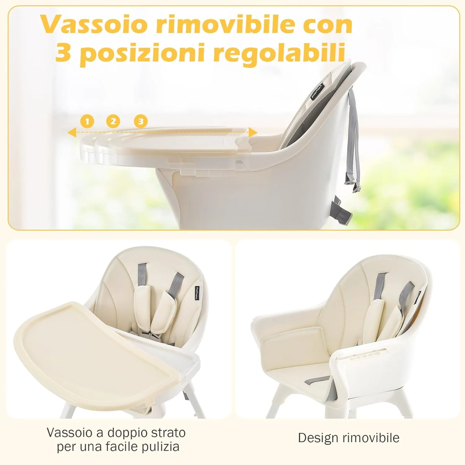 6 in 1 Seggiolone per Bambini, Seggiolone con Altezza Regolabile con Vassoio a 2 Livelli e Cesta, Centro Attività per Bambini, Set Tavolo e Sedia con Mattoncini per Bambini (beige)