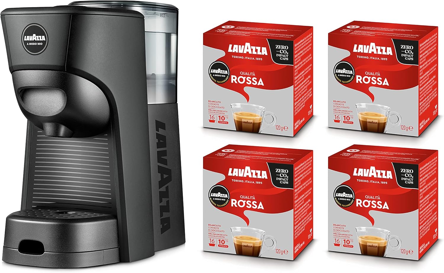 Lavazza, A Modo Mio Tiny Eco White Coffee Machine with 64 Red Quality Capsules Included, Recycled Plastic Espresso Machine, 1450 W, 220-240 V, 50/60 Hz, 0.6 Litres