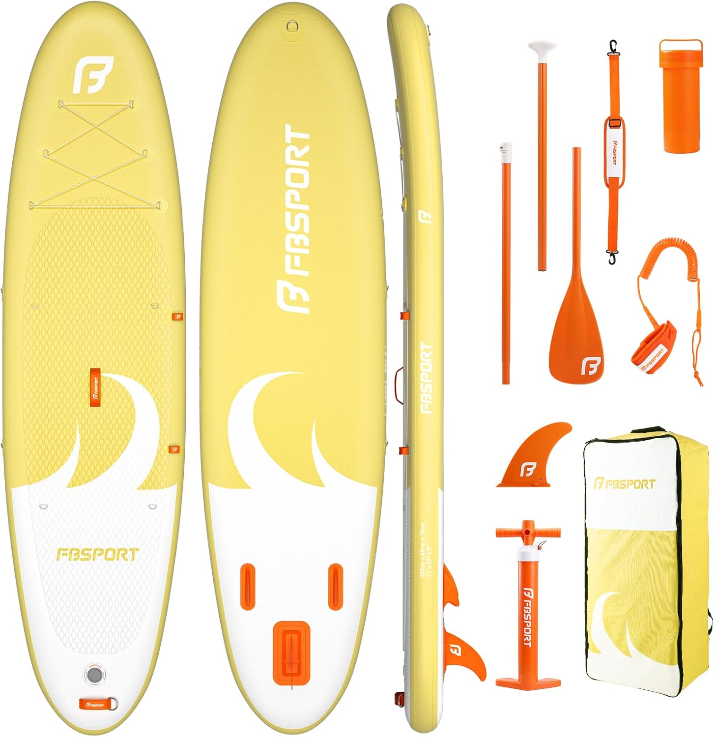 FBSPORT Tavola SUP Gonfiabile SUP 335CM per Adulti e Giovani, Stand Up Paddle Board Spessa 15 cm tavola da Surf tavola da SUP con Pagaia Regolabile, Zaino, Pompa & Pinna Rimovibile Surfboard