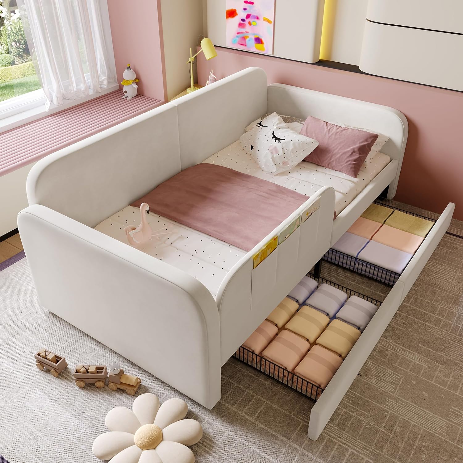 ANIROY Kinder-Spleißbett 90x200cm, Polsterbett, Schlafsofa Daybett Tagesbett Einzelbett mit Metallbettgestell & 3 Aufbewahrungstaschen & 2 Schubladen