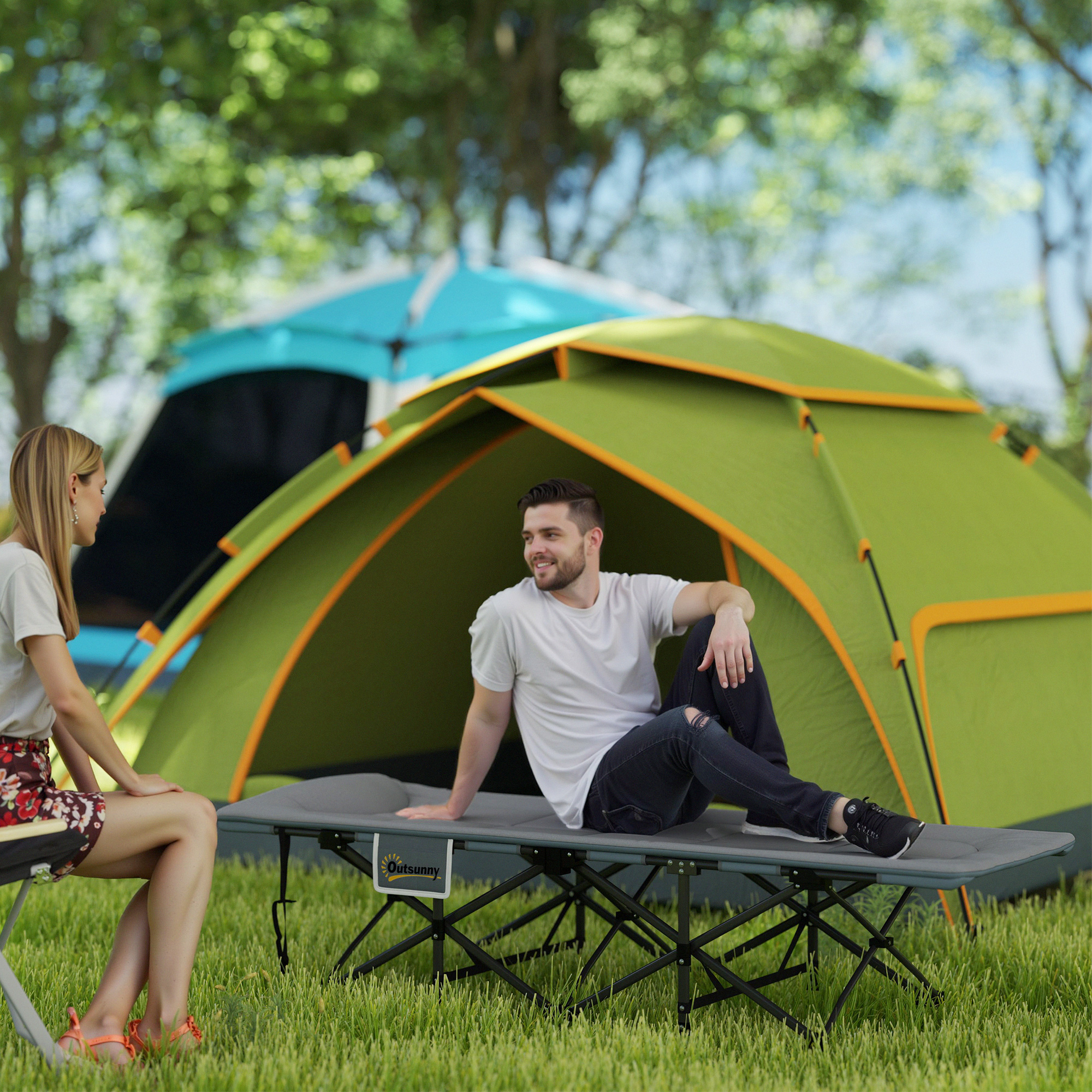 Outsunny Feldbett faltbar Campingbett mit Matratze Kopfkissen Seitentasche 187 x 67 x 37 cm Gästebett bis 150 kg Grau