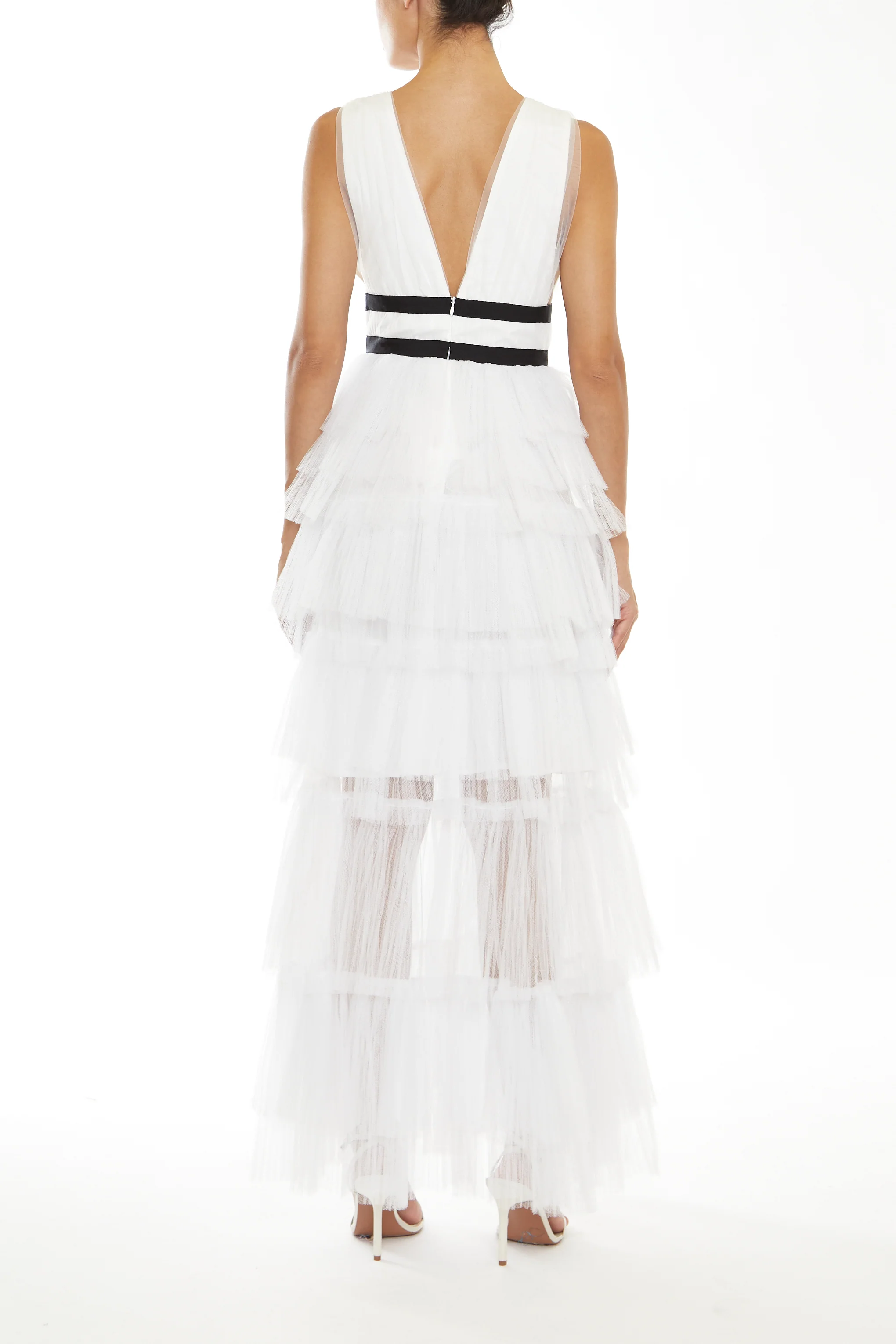 Eliza White Plunging Neck Layered Tulle Skirt Maxi-Dress