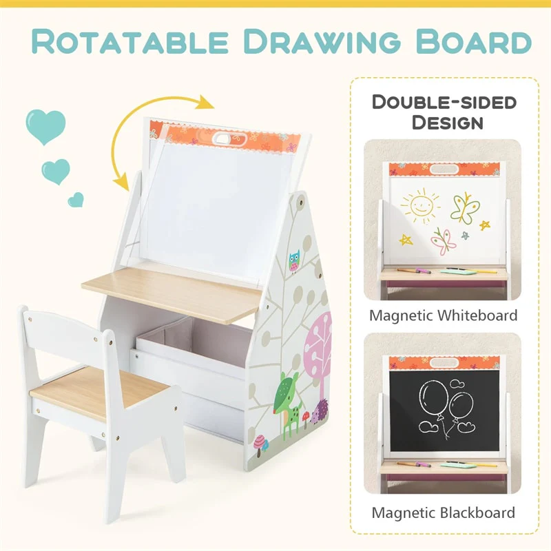 3-in-1 Kids Art Easel with Chair, Wooden Toddler Easel Table & Chair Set w/ Double-Sided Magnetic Whiteboard & Chalkboard, Bookshelf, Storage