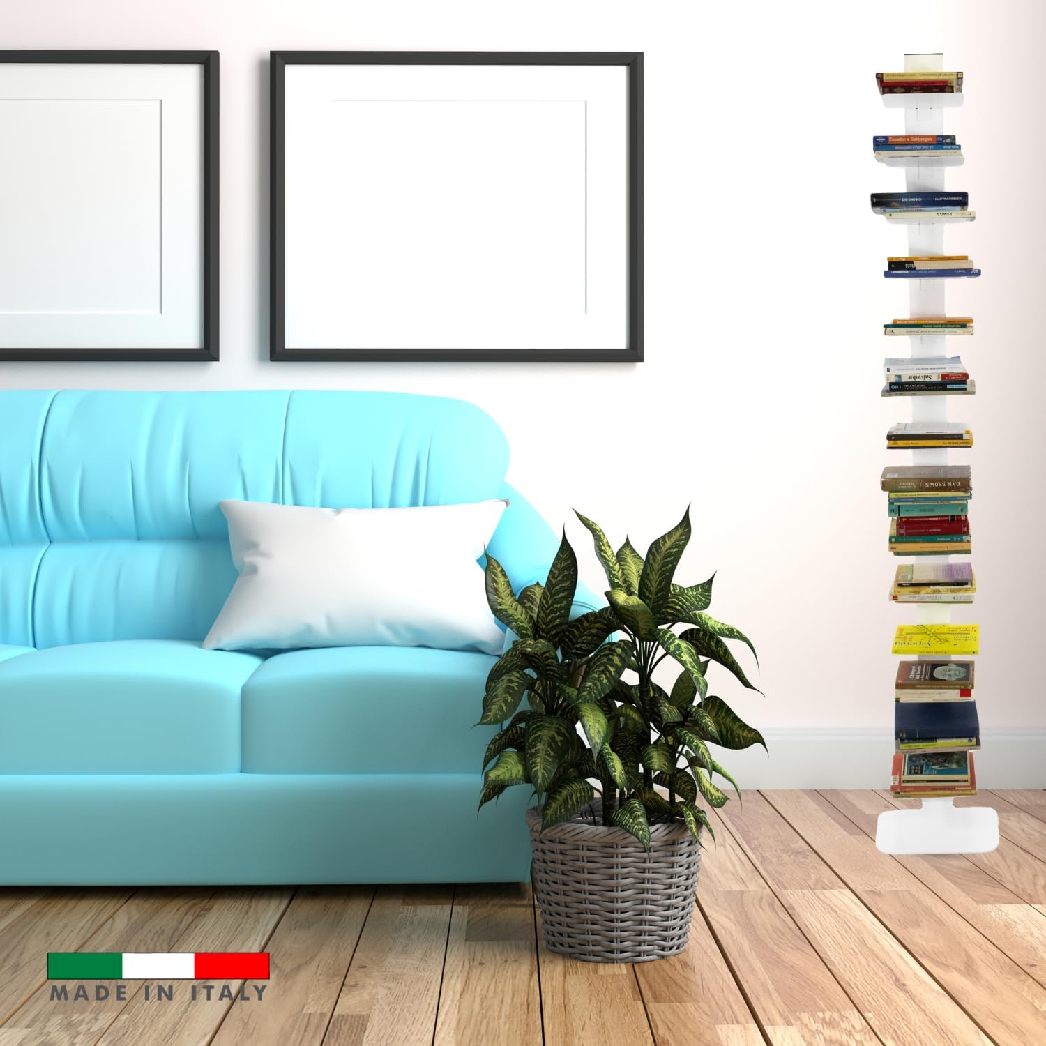 MOHOME Libreria Verticale a Colonna da Terra Sospesa Bianca Premium Quality Made in Italy 14 Ripiani Mensola 20 x 15 cm Stretta e Alta 214 cm Finitura Metallo Biblioteca Salvaspazio Soggiorno Cucina